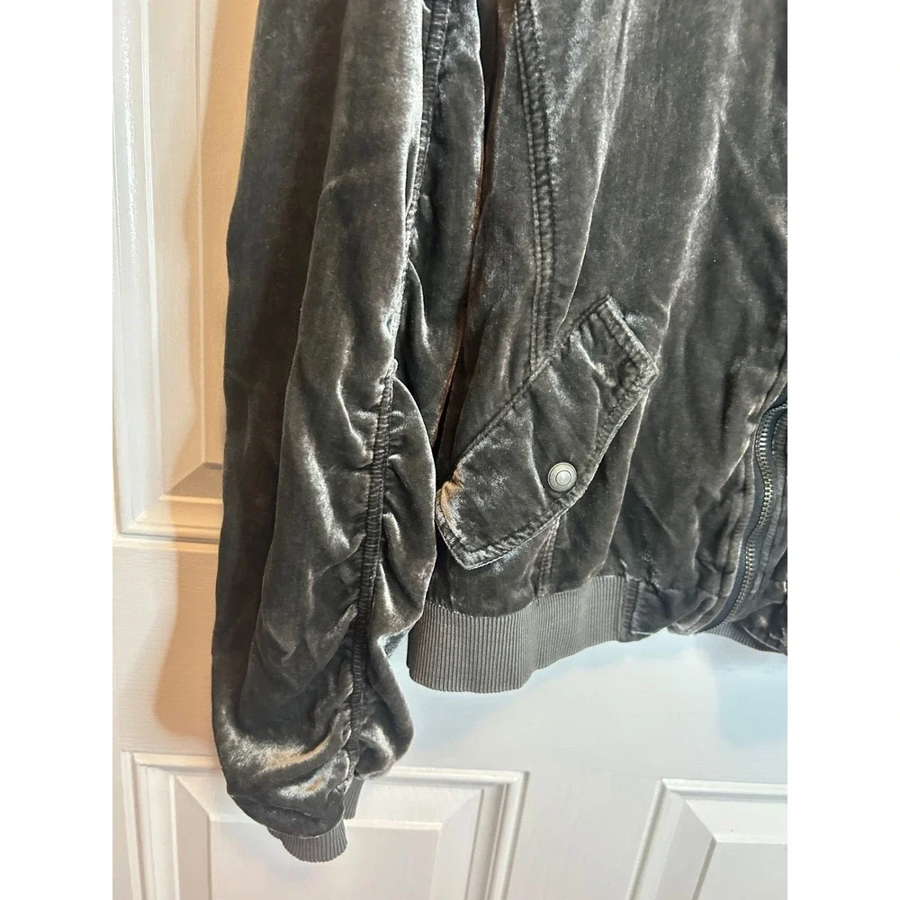 Free People Bomber Jacket sage green Velvet Ruched Sleeve‎ Full Zip Coat XS